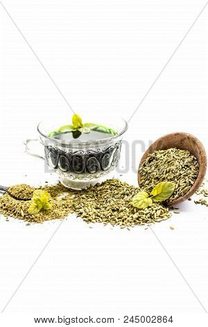 Raw Fennel With Its Powder And Its Beneficial Tea Or Extract In A Transparent Cup Isolated On White.