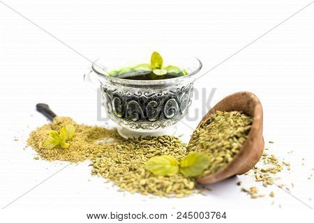 Raw Fennel With Its Powder And Its Beneficial Tea Or Extract In A Transparent Cup Isolated On White.