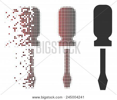Vector Screwdriver Icon In Dissolved, Pixelated Halftone And Undamaged Entire Versions. Disappearing