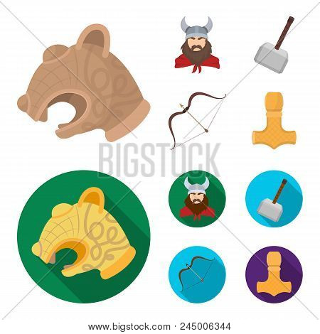 Viking In Helmet With Horns, Mace, Bow With Arrow, Treasure. Vikings Set Collection Icons In Cartoon