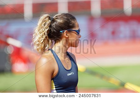 Stockholm, Sweden - Jun 10, 2018: Closeup Of Angelica Bengtsson Preparing In The Pole Vault Competit