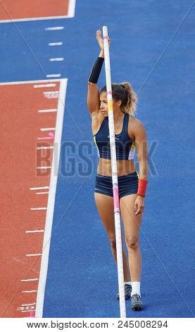 Stockholm, Sweden - Jun 10, 2018: Angelica Bengtsson Preparing In The Pole Vault Competition In Iaaf