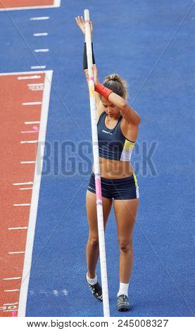Stockholm, Sweden - Jun 10, 2018: Angelica Bengtsson Preparing In The Pole Vault Competition In Iaaf