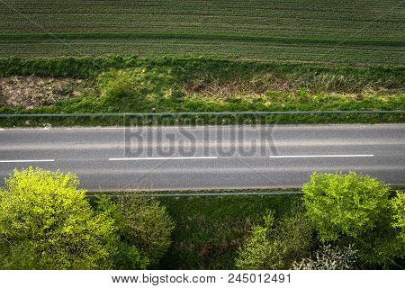 Asphalt Road With White Stripes Seen From Above With Green Trees