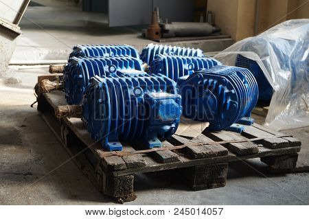 Electro Motors Blue In Stock. Warehouse For New Engines