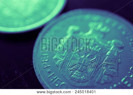 Serbian Coin Dinar Macro View. Serbia Money Currency, Rsd.