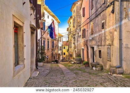 Groznjan Cobbled Street And Old Architecture View, Istria Region Of Croatia