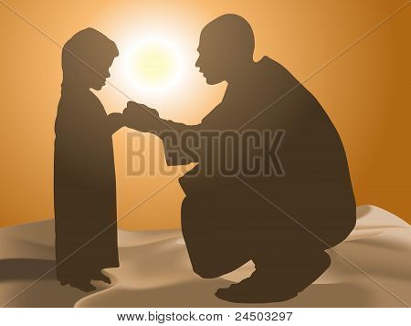Homem e criança no deserto