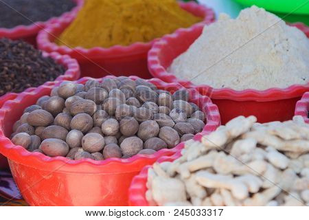 Marketstall Selling Ingredients. Traditional Spices Market. Colored Spices At Local Market. Beautifu