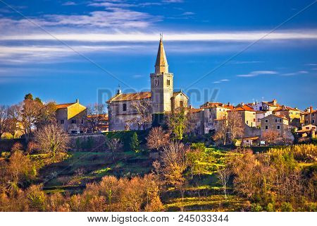 Idyllic Hill Village Of Groznjan Panoramic View, Landscape And Architecture Of Istria, Croatia