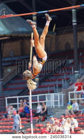 Stockholm, Sweden - Jun 10, 2018: Angelica Bengtsson Jumping In The Pole Vault Competition In Iaaf D