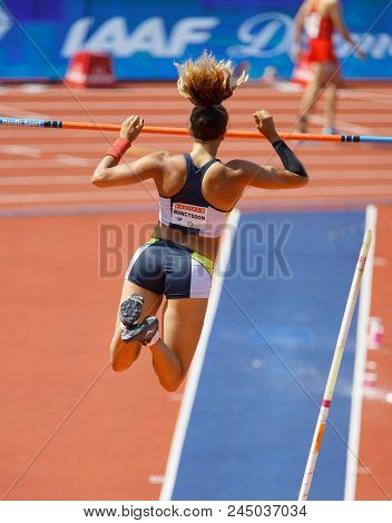 Stockholm, Sweden - Jun 10, 2018: Angelica Bengtsson Jumping In The Pole Vault Competition In Iaaf D
