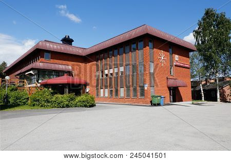 Overtarnea, Sweden - July 3, 2017: Exterial View Of The Overtarnea Town Hall.