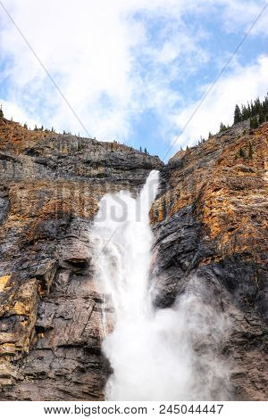 Powerful Takakkaw Falls In Yoho National Park Near Field, British Columbia, Canada. The Glacier-fed 