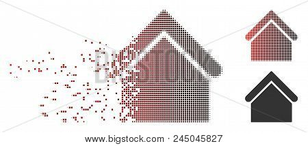Vector Base Building Icon In Dispersed, Dotted Halftone And Undamaged Entire Variants. Disintegratio