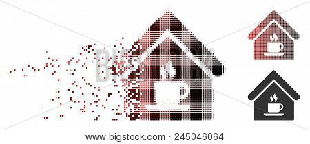 Vector Cafe House Icon In Dispersed, Pixelated Halftone And Undamaged Whole Variants. Disintegration