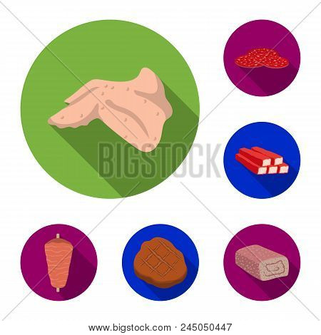 Different Meat Flat Icons In Set Collection For Design. Meat Product Vector Symbol Stock  Illustrati