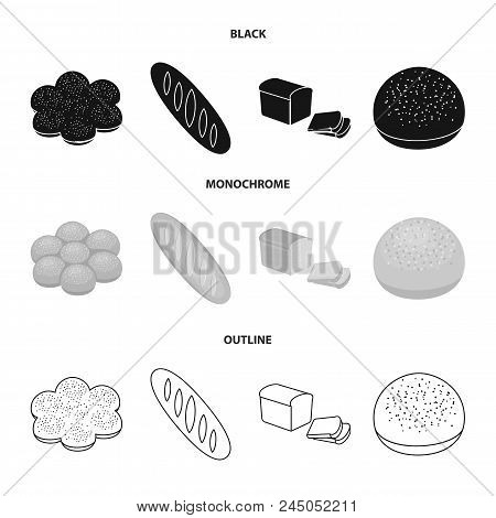 Cut Loaf, Bread Roll With Powder, Half Of Bread, Baking.bread Set Collection Icons In Black, Monochr