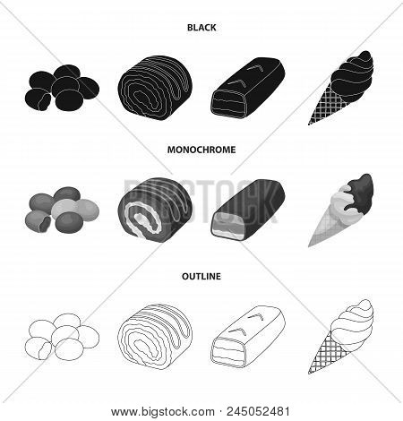 Dragee, Roll, Chocolate Bar, Ice Cream. Chocolate Desserts Set Collection Icons In Black, Monochrome