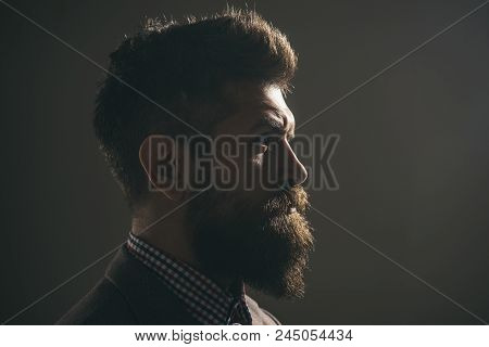Advertising For Barbershop. Silhouette Of Handsome Vintage Man With Bushy Beard Wearing Stylish Retr