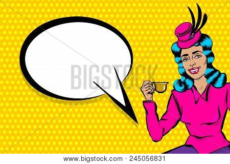 White Sexy Young Woman Pop Art Hold Cup Of Coffee. Elegantly Dressed, In A Beautiful Retro Hat And F