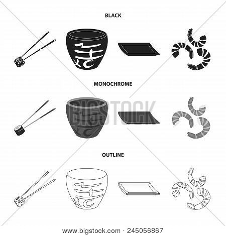 Sticks, Shrimp, Substrate, Bowl.sushi Set Collection Icons In Black, Monochrome, Outline Style Vecto