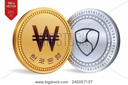Nem. Won. 3d Isometric Physical Coins. Digital Currency. Korea Won Coin. Cryptocurrency. Golden And 