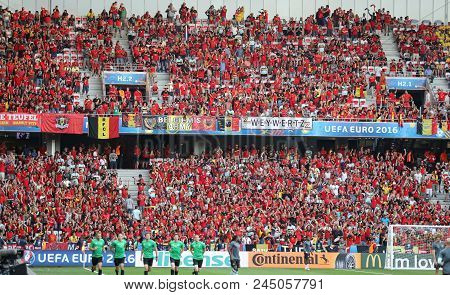 Nice, France - June 22, 2016: Tribunes Of Allianz Riviera Stade De Nice With Belgian Fans During The