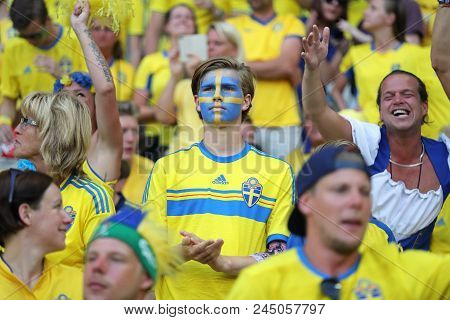 Nice, France - June 22, 2016: Swedish Fans Show Their Support During The Uefa Euro 2016 Game Sweden 