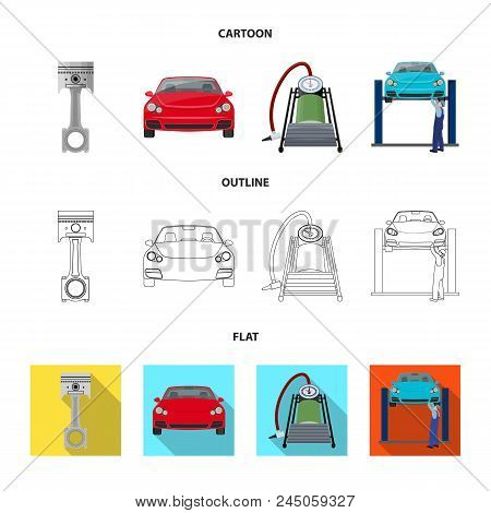 Car On Lift, Piston And Pump Cartoon, Outline, Flat Icons In Set Collection For Design.car Maintenan