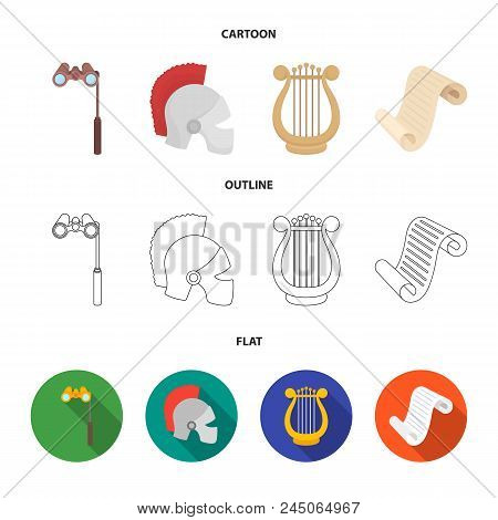 Theatrical Binoculars, A Helmet, A Harp And A Paper Scroll. The Theater Set Collection Icons In Cart