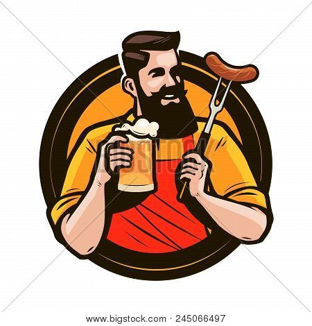 Happy Man Holding A Mug Of Fresh Beer. Brewery, Alcohol Drink Logo Or Label. Vector Illustration
