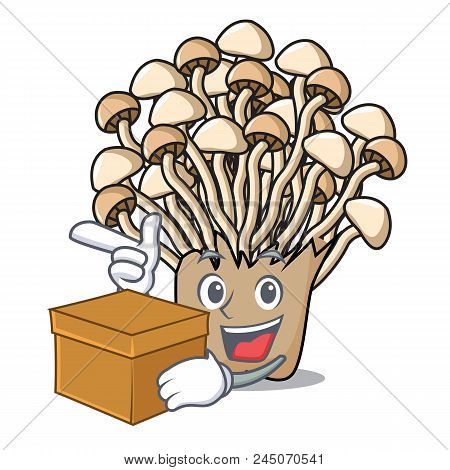 With Box Enoki Mushroom Character Cartoon Vector Illustration