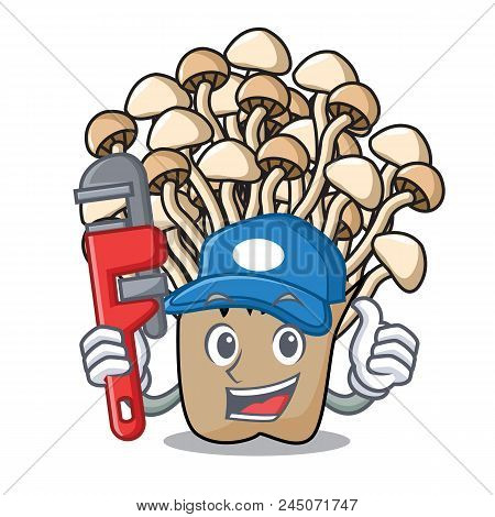 Plumber Enoki Mushroom Mascot Cartoon Vector Illustration