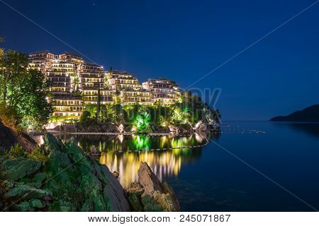 Picturesque Night Embankment On The Adriatic Coast.