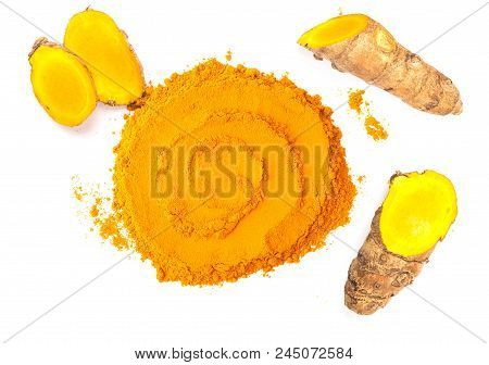 Turmeric Powder (curcuma) Isolated On White Background. Herbal