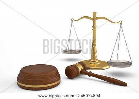Ceremonial Mallet And Balance On White Background.3D Illustration.