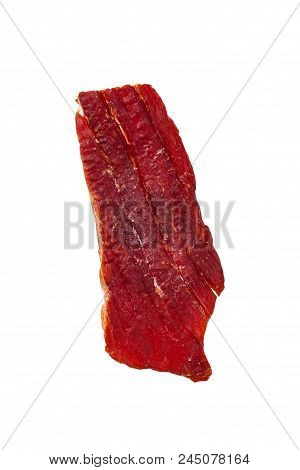 Beef Jerky Macro Isolated On White Background. Selective Focus.