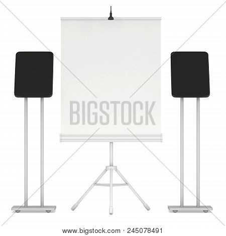 Blank Roll Up Banner Stand With Lcd Screen Displays. Trade Show Booth White And Blank. 3d Render Ill