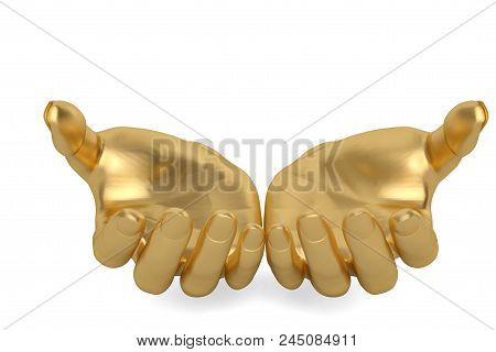 Golden Hands Keeping Holding Or Protecting On A White Background,3D Illustration.
