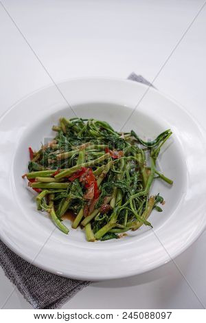 Fried Water Minosa White Plate Food Thai Style