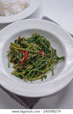 Fried Water Minosa White Plate Food Thai Style
