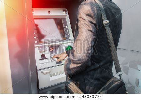 Hand Businessman Typing On Atm, Bank Machine