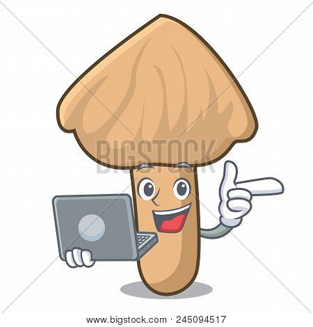 With Laptop Inocybe Mushroom Character Cartoon Vector Illustration