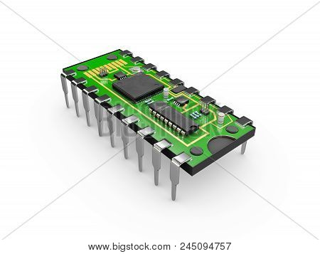 3d Illustration Of Computer Microchip Isolated White Background.