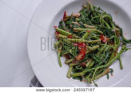 Fried Water Minosa White Plate Food Thai Style