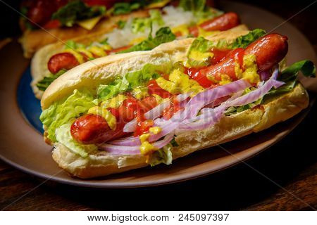 Fancy Grilled Hotdogs With Many Toppings Including Relish And Sauerkraut