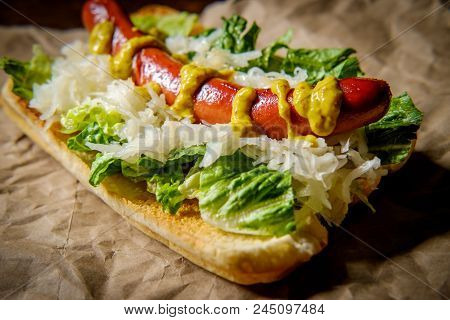 Fancy Grilled Hotdog With Sauerkraut Lettuce And Spicy Mustard