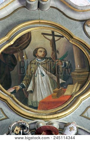 LIPNIK, CROATIA - JULY 02: Bishop Franjo Thauszy, altarpiece on the main altar of Saint Elijah church in Lipnik, Croatia on July 02, 2016.
