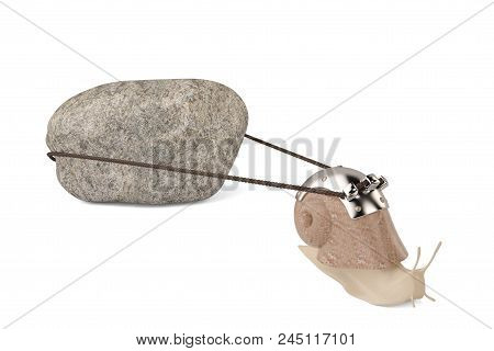 Creative Snail Pulling Stone Isolated On White Background 3d Illustration.